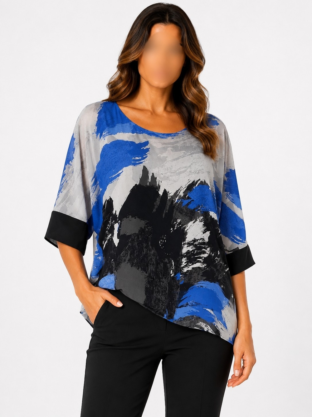 Abstract Brushstroke Blue & Gray Dolman Sleeve Top